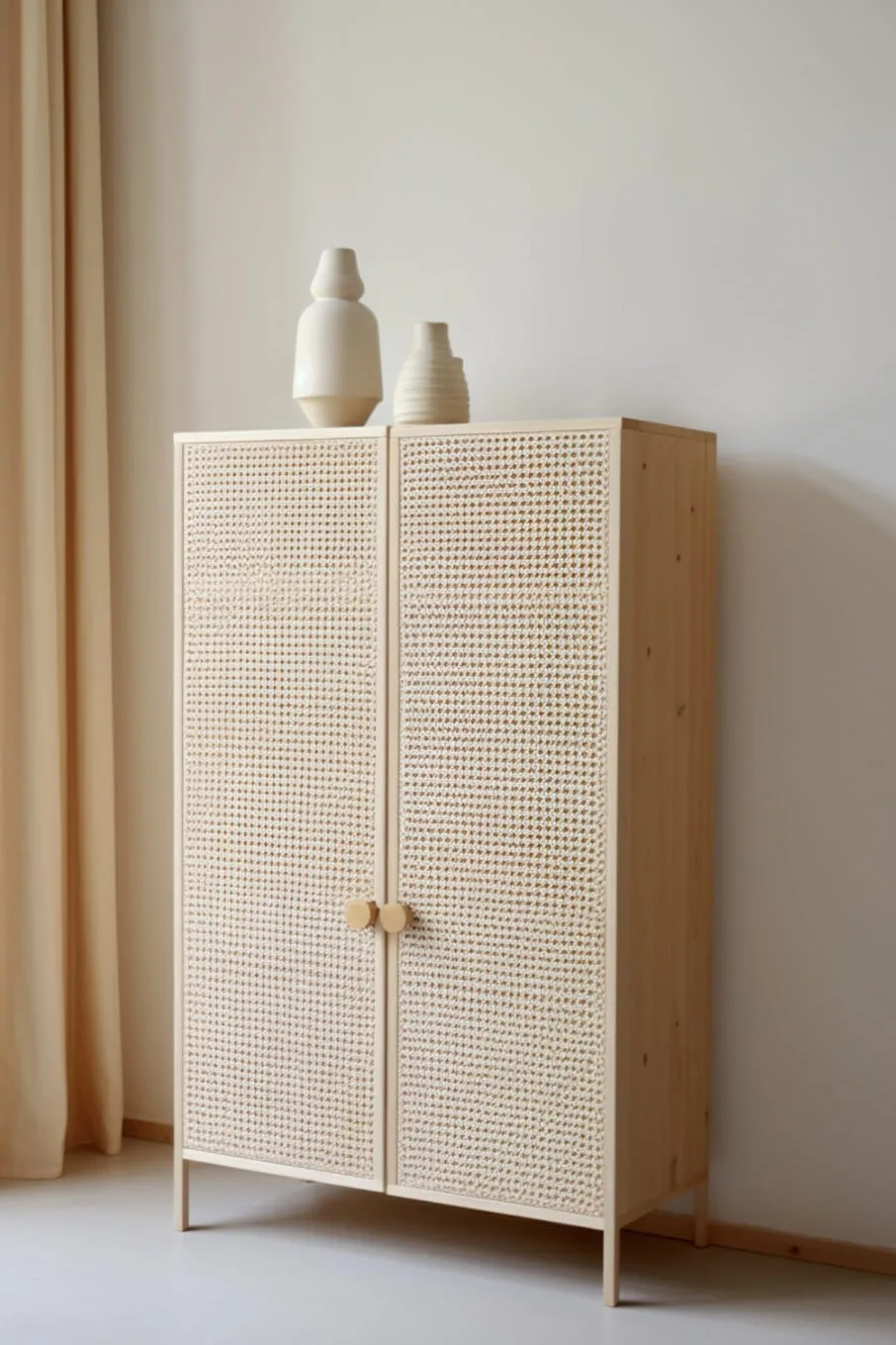 meuble en bois brut et cannage customisé à partir des modules ivar d'ikea