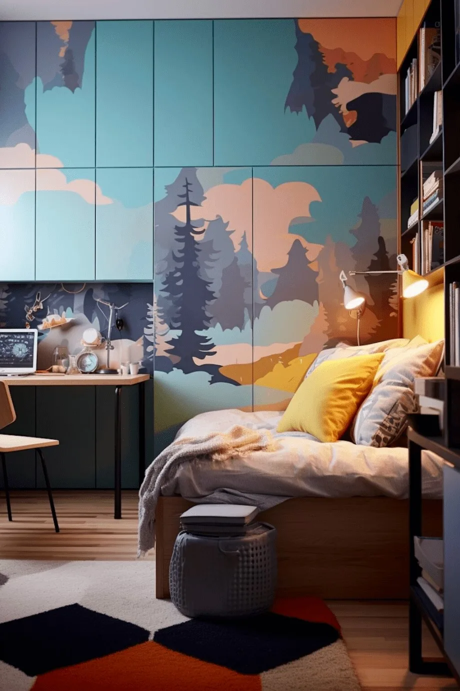 armoire colorée avec fresque tons bleus customisée à partir des modules ivar d'ikea